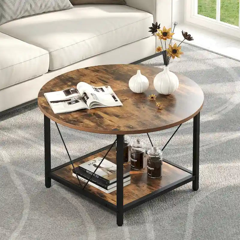 31.5 Farmhouse Round Coffee Table, Rustic 2-Tier Center Table with Storage Open Shelf