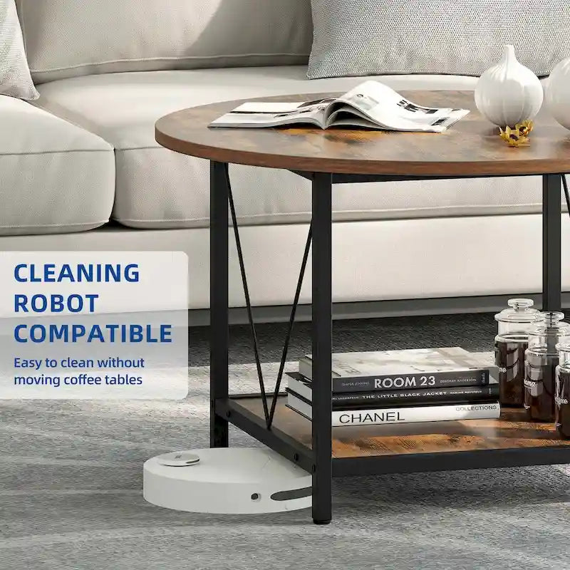 31.5 Farmhouse Round Coffee Table, Rustic 2-Tier Center Table with Storage Open Shelf