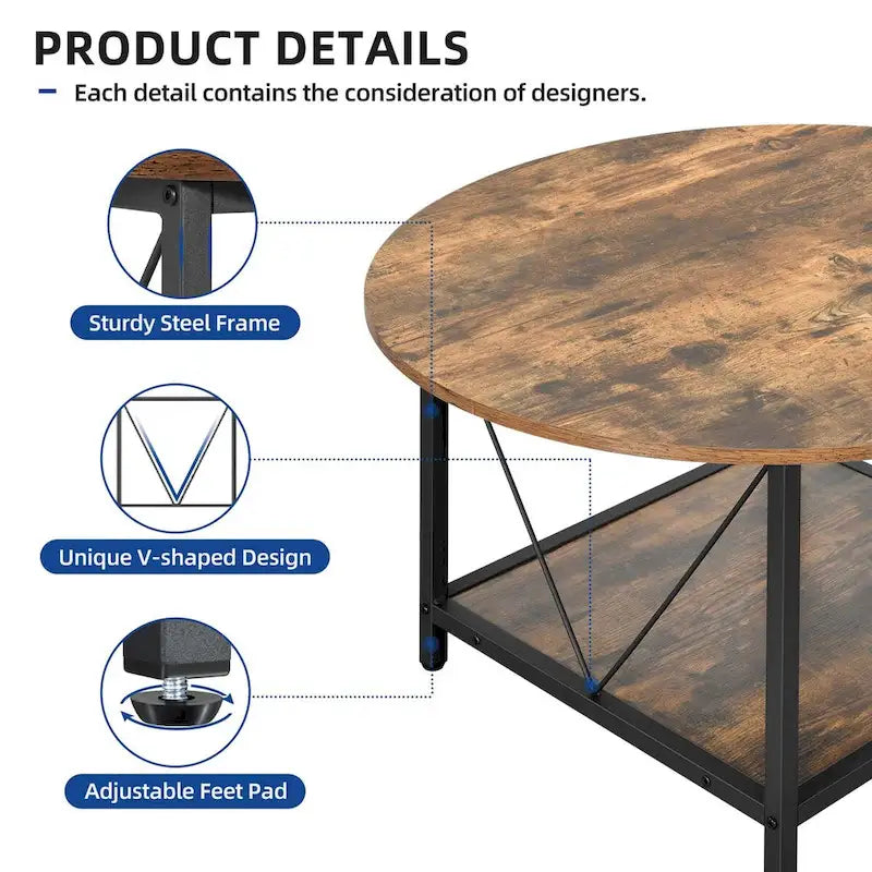 31.5 Farmhouse Round Coffee Table, Rustic 2-Tier Center Table with Storage Open Shelf