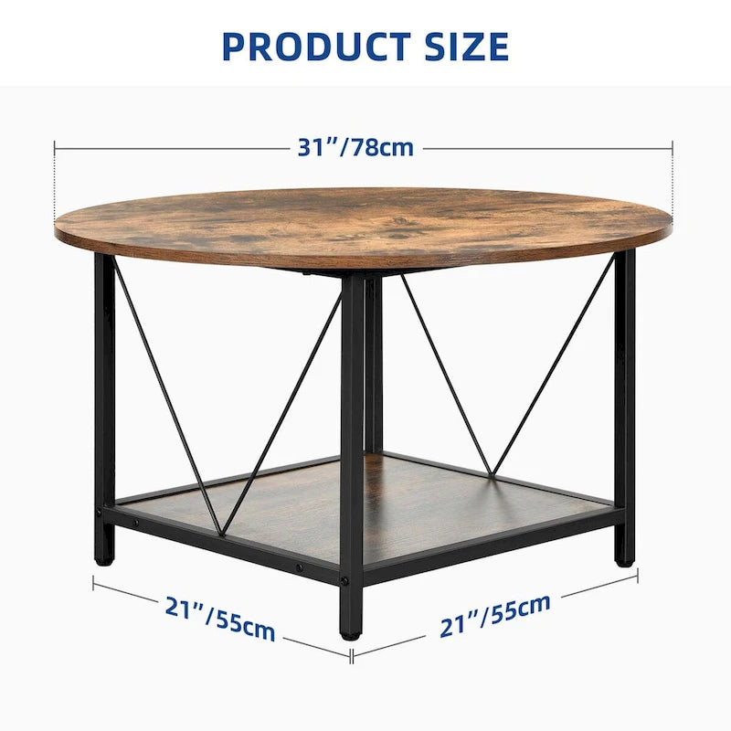 31.5 Farmhouse Round Coffee Table, Rustic 2-Tier Center Table with Storage Open Shelf