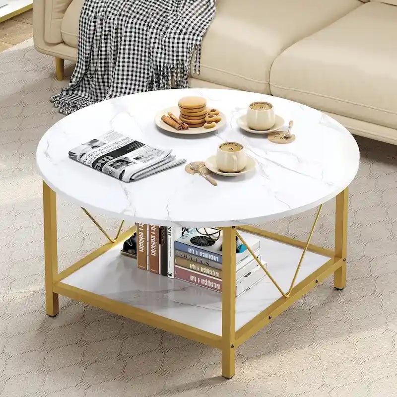 31.5 Farmhouse Round Coffee Table, Rustic 2-Tier Center Table with Storage Open Shelf