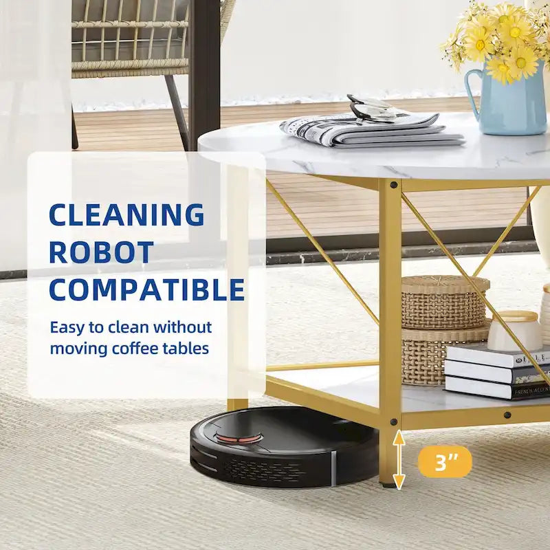 31.5 Farmhouse Round Coffee Table, Rustic 2-Tier Center Table with Storage Open Shelf