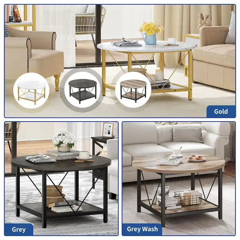 31.5 Farmhouse Round Coffee Table, Rustic 2-Tier Center Table with Storage Open Shelf