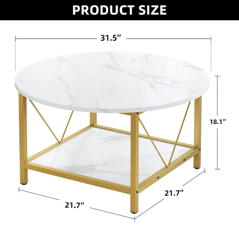 31.5 Farmhouse Round Coffee Table, Rustic 2-Tier Center Table with Storage Open Shelf