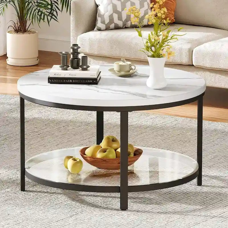 31.5 Farmhouse Round Coffee Table, Rustic 2-Tier Center Table with Storage Open Shelf