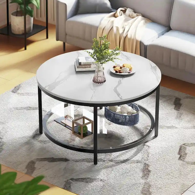 31.5 Farmhouse Round Coffee Table, Rustic 2-Tier Center Table with Storage Open Shelf