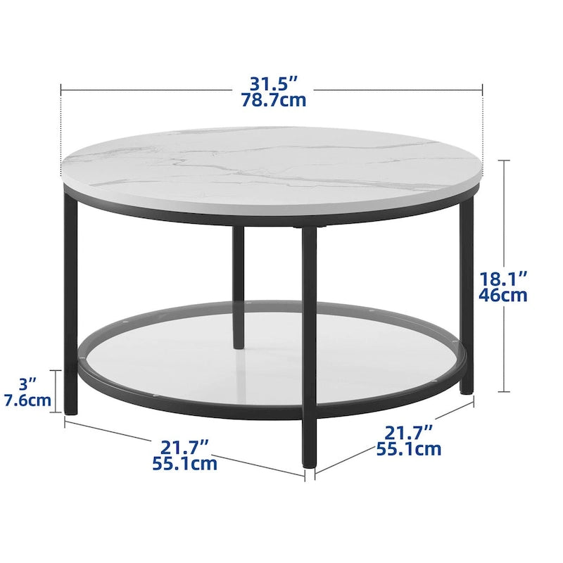 31.5 Farmhouse Round Coffee Table, Rustic 2-Tier Center Table with Storage Open Shelf