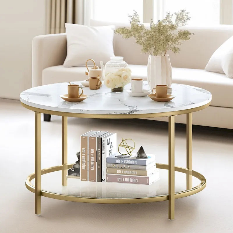 31.5 Farmhouse Round Coffee Table, Rustic 2-Tier Center Table with Storage Open Shelf