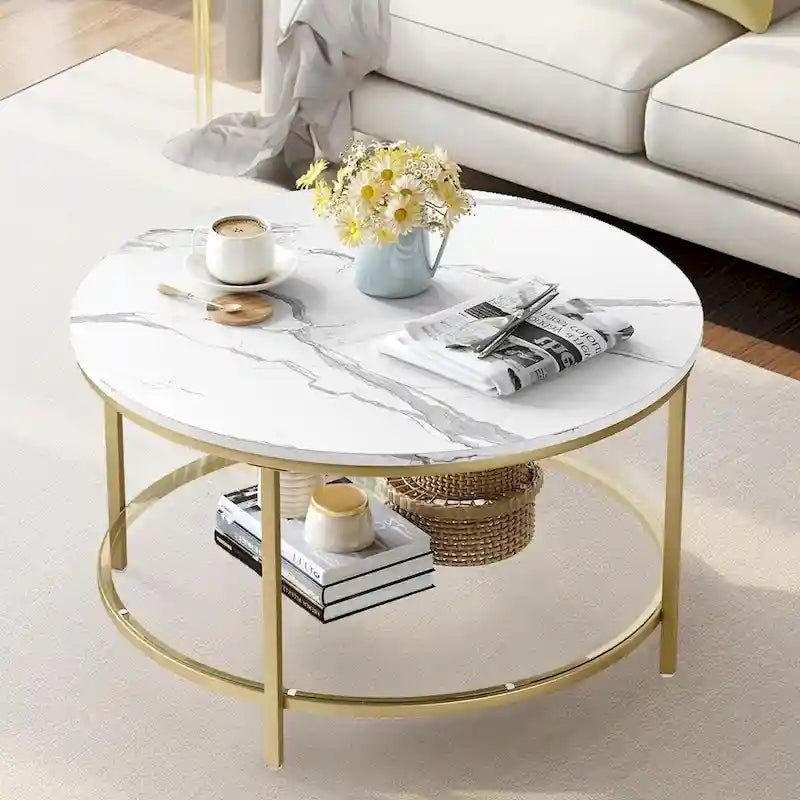 31.5 Farmhouse Round Coffee Table, Rustic 2-Tier Center Table with Storage Open Shelf