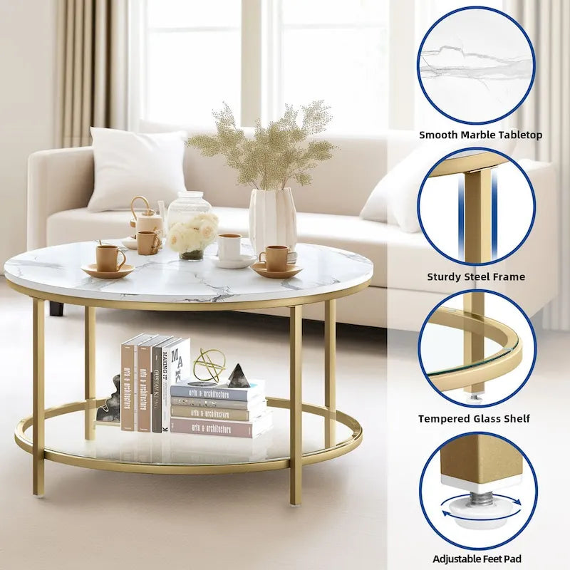 31.5 Farmhouse Round Coffee Table, Rustic 2-Tier Center Table with Storage Open Shelf