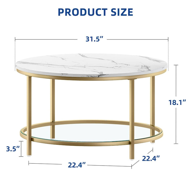 31.5 Farmhouse Round Coffee Table, Rustic 2-Tier Center Table with Storage Open Shelf