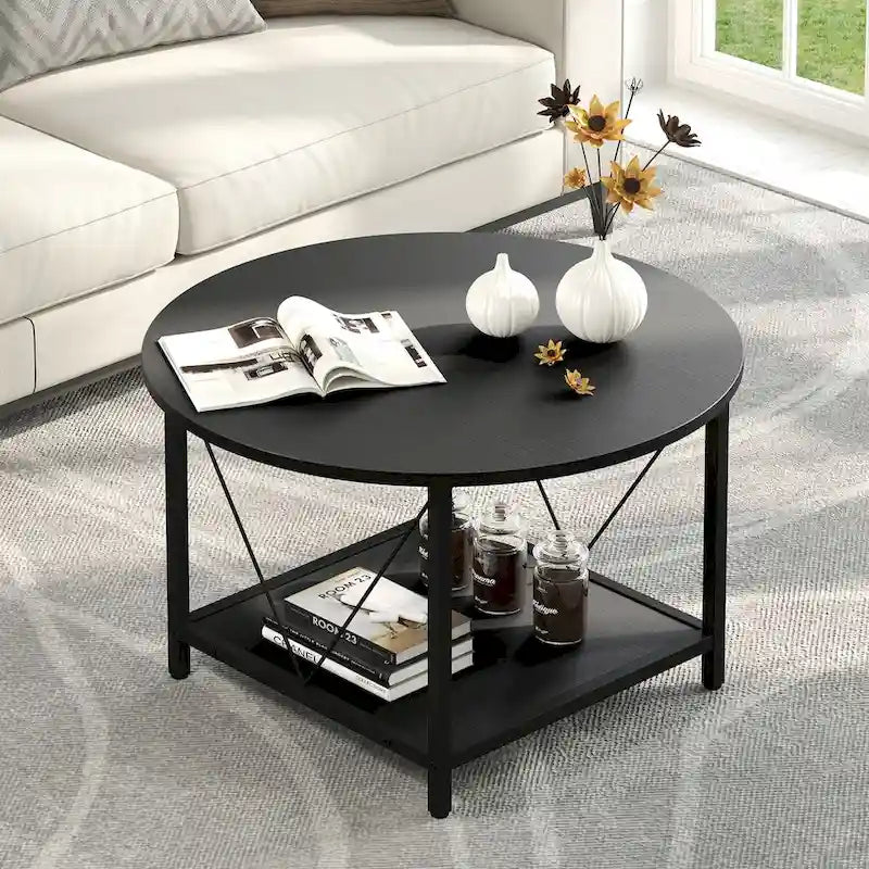 31.5 Farmhouse Round Coffee Table, Rustic 2-Tier Center Table with Storage Open Shelf