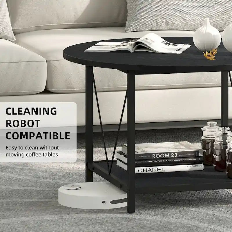 31.5 Farmhouse Round Coffee Table, Rustic 2-Tier Center Table with Storage Open Shelf