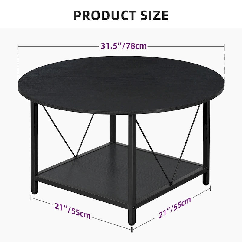 31.5 Farmhouse Round Coffee Table, Rustic 2-Tier Center Table with Storage Open Shelf